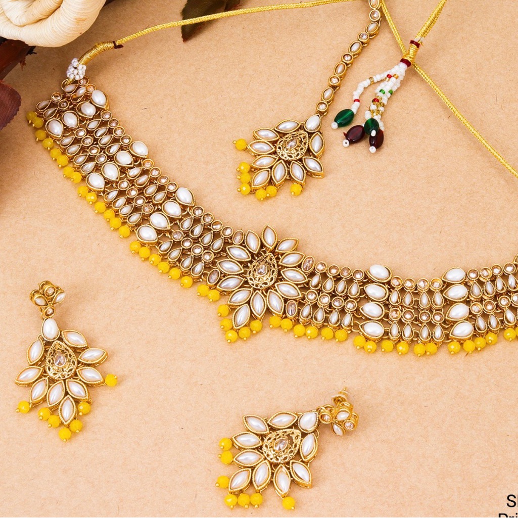 Yellow Color Polki Set Three Piece